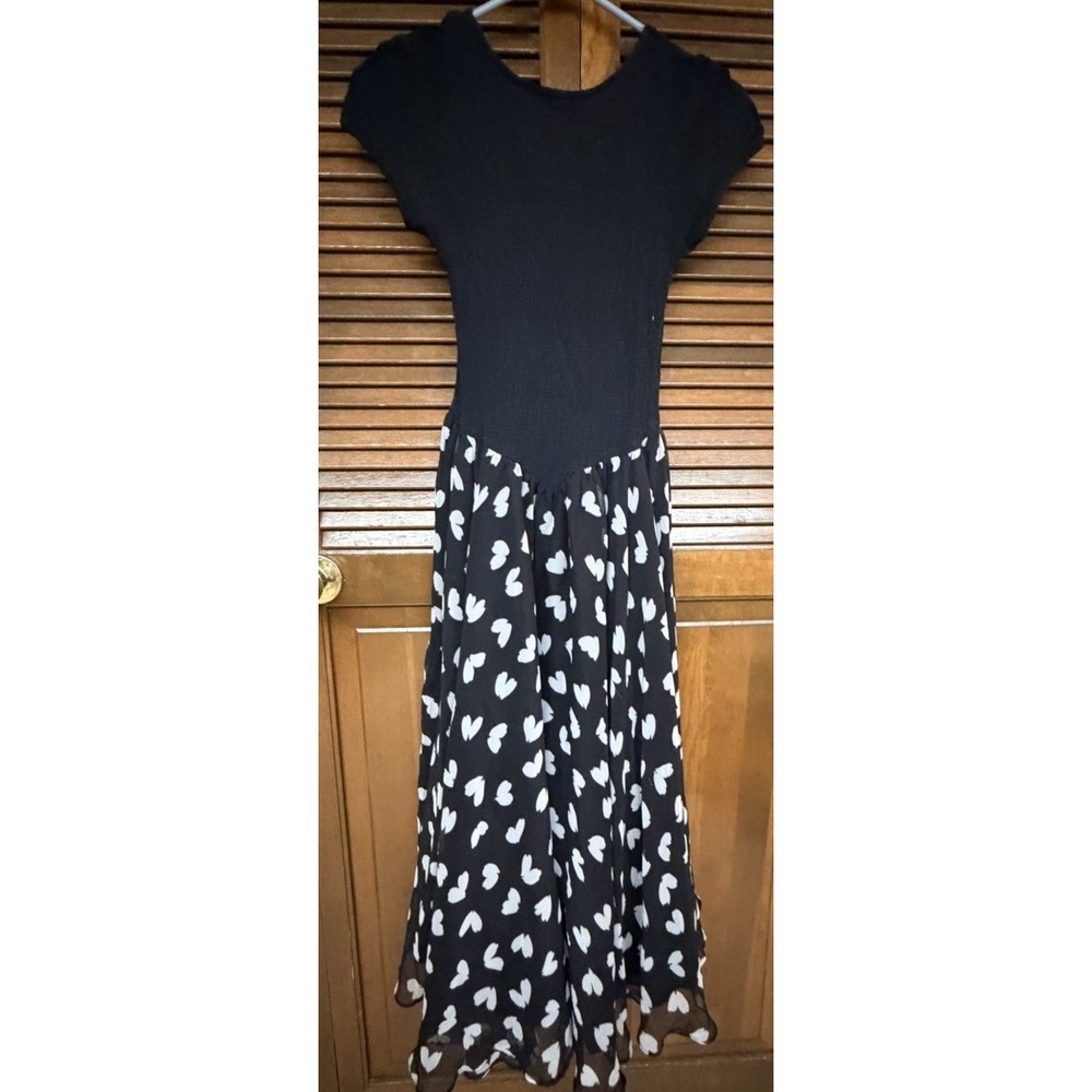 Vintage Dana Jeffries Heart Print Midi Dress Black Romantic Cottagecore Retro